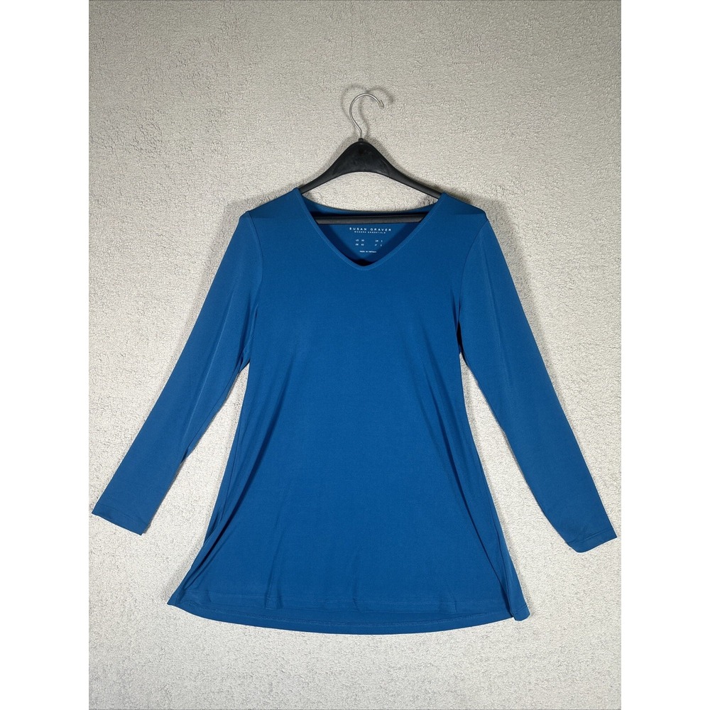 Susan Graver Modern Essentials Blue V-Neck Long Sleeve Tunic Top XS Liquid‎ Knit